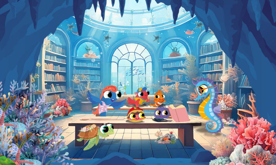 Illustration: Seahorse in underwater library